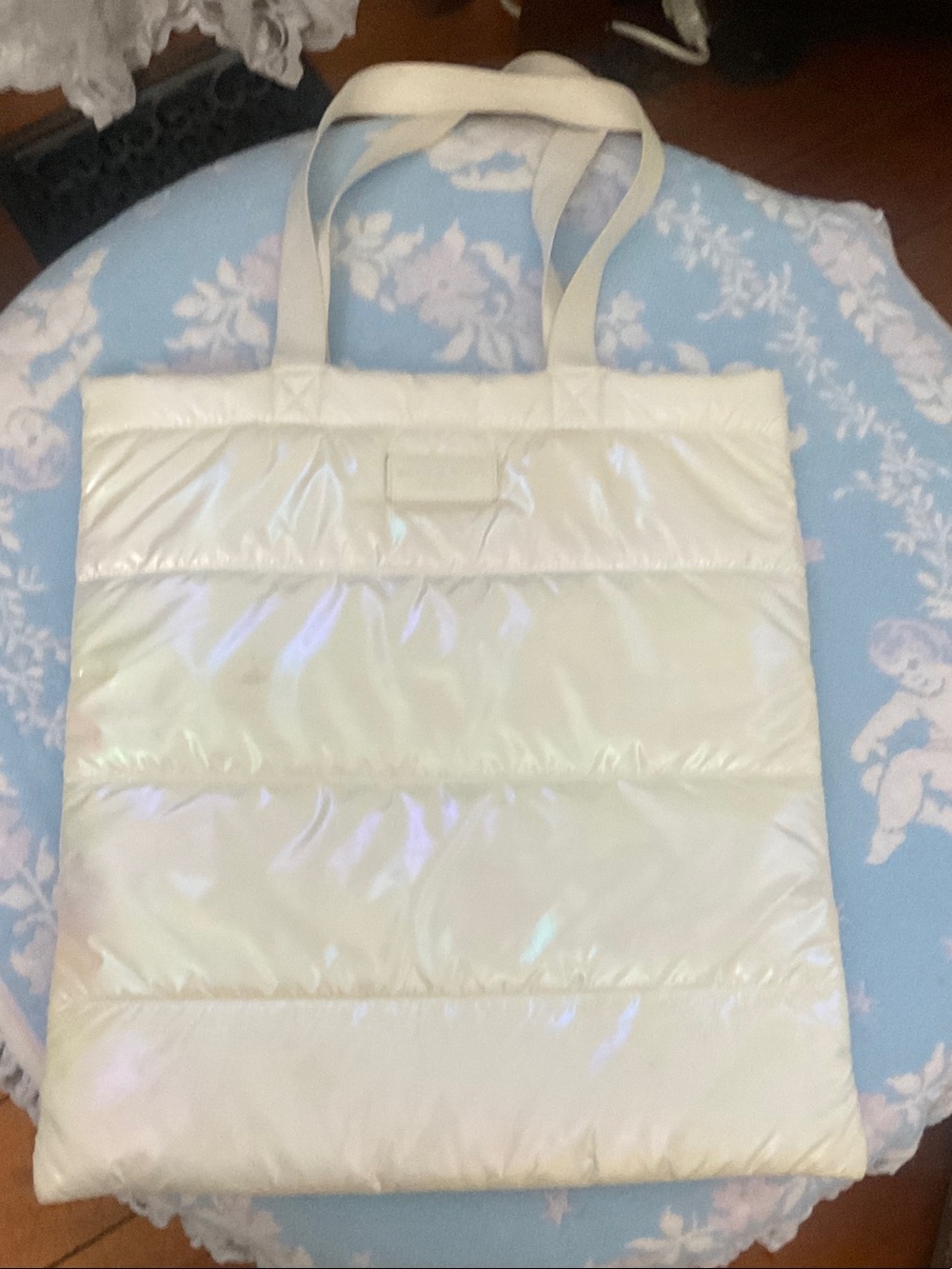 Bath and Body Iridescent Ivory White Puffer Tote Bag